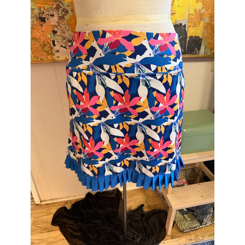 Birdies and Bows Floral Golf Skort XL Blue Pink Ruffle Hem Tennis Skirt Pockets